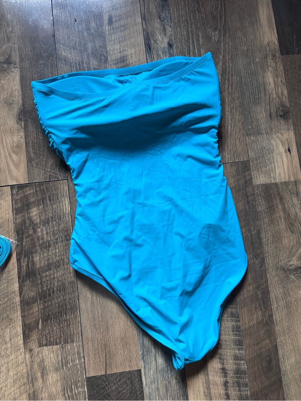 New With Liner Strapless/Halter Ruched One-Piece Swimsuit in Bright Turquoise - Picture 7 of 7